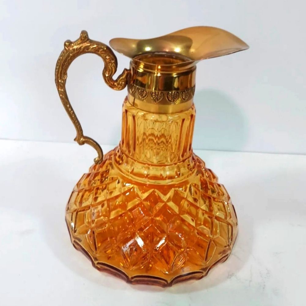 Vintage Amber Carnival Depression Glass Vase With Gold Tone Handle and Spout